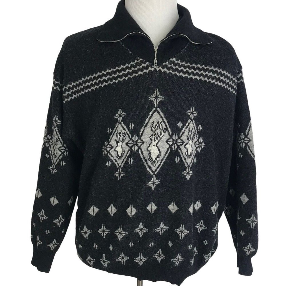 Bogner‎ Sweater Mens Size Large L Black Gray Snowflakes Reindeer Stag Vintage